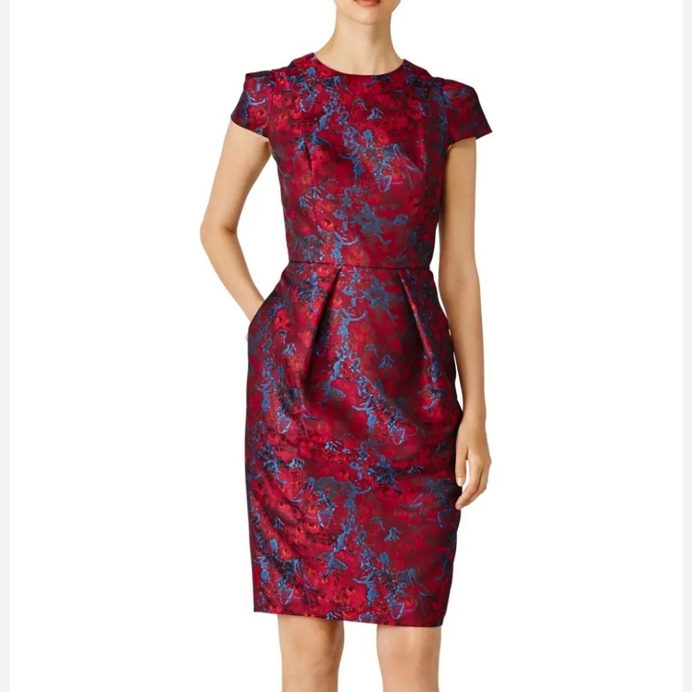 Carmen Marc Valvo Cranberry Jacquard Brocade Cap Sleeve Cocktail Dress, Sz 0